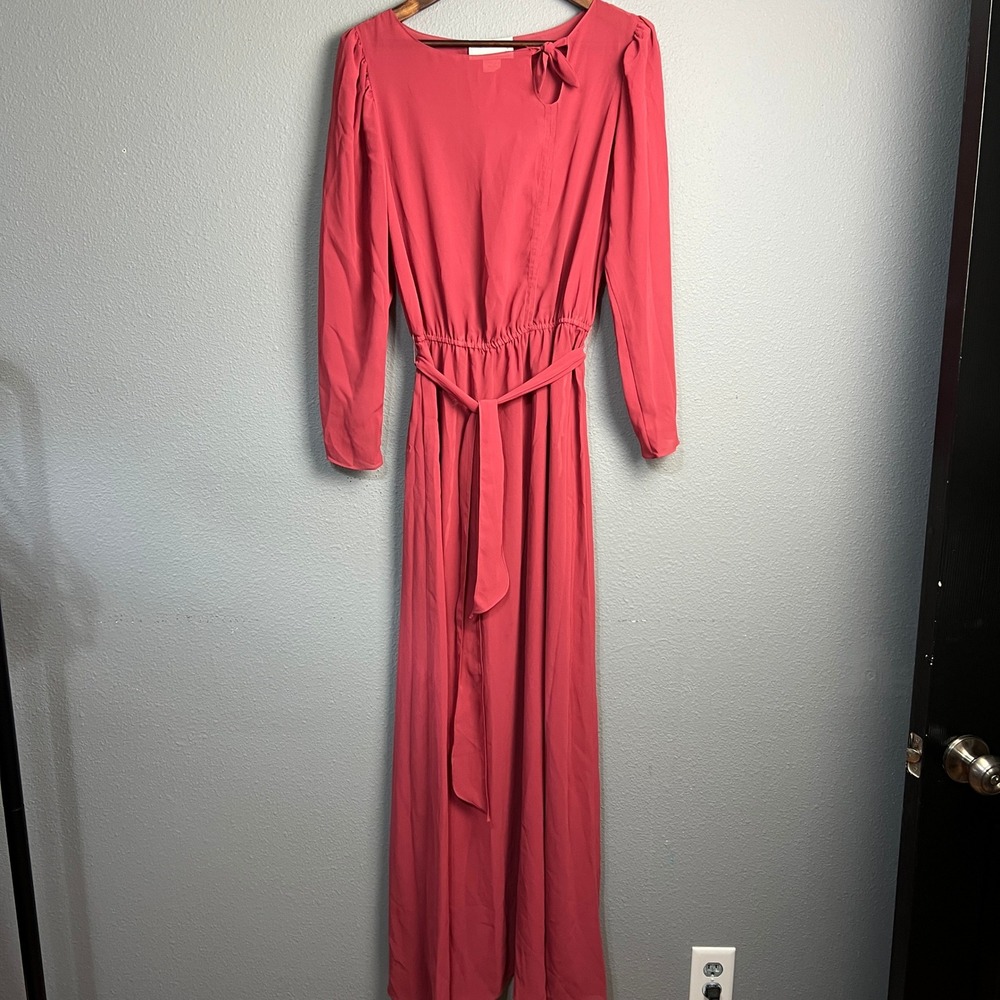 Vintage Marie Claire Maxi Dress Long Sleeve Tie Neck Formal Sheer Gown‎ Sz 13/14